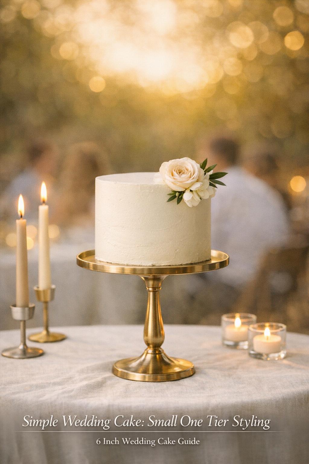 Simple wedding cake small one tier on vintage gold stand with candlelight in an intimate city restaurant reception setting