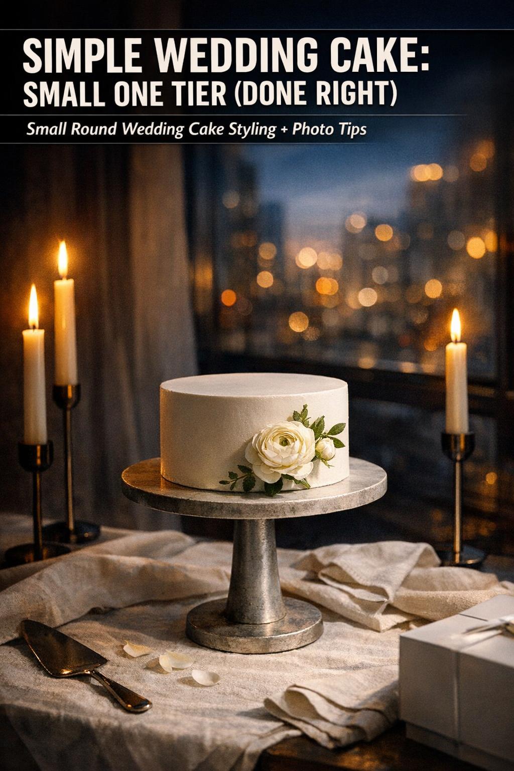 Simple wedding cake small one tier on a white cake stand with delicate floral accents in a bright reception setting