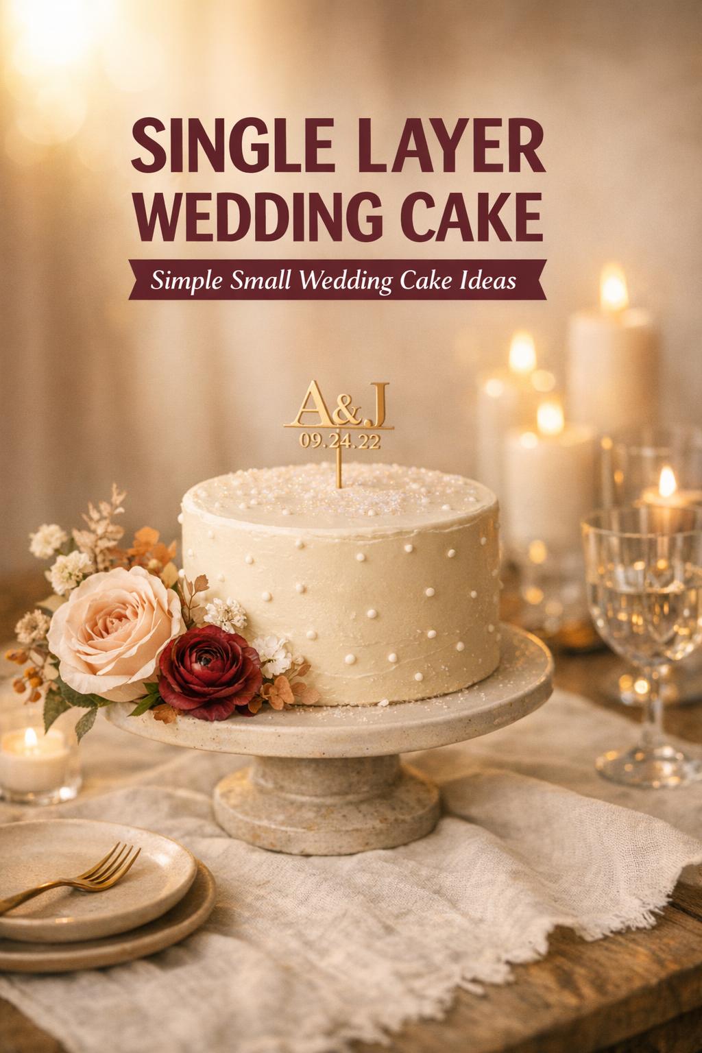 Golden-hour wedding reception table featuring a single layer wedding cake on a ceramic stand with roses and candles