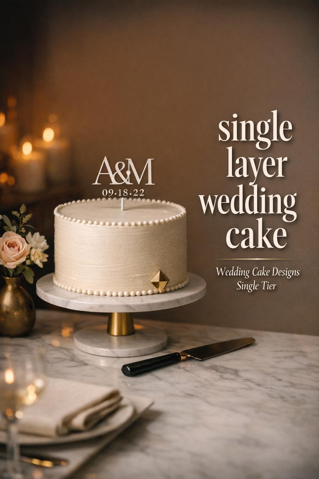 Single layer wedding cake on marble with minimalist buttercream, candlelight, and blush florals in a luxury reception detail photo