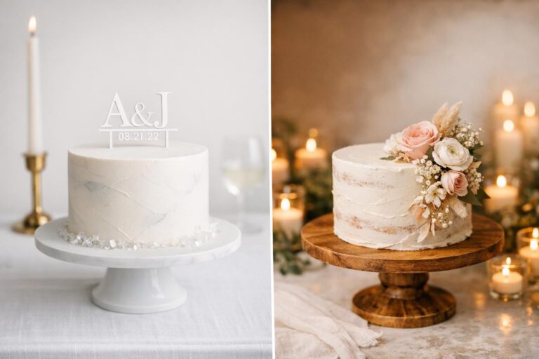 Single layer wedding cake with smooth buttercream and soft floral accents on a minimalist cake stand