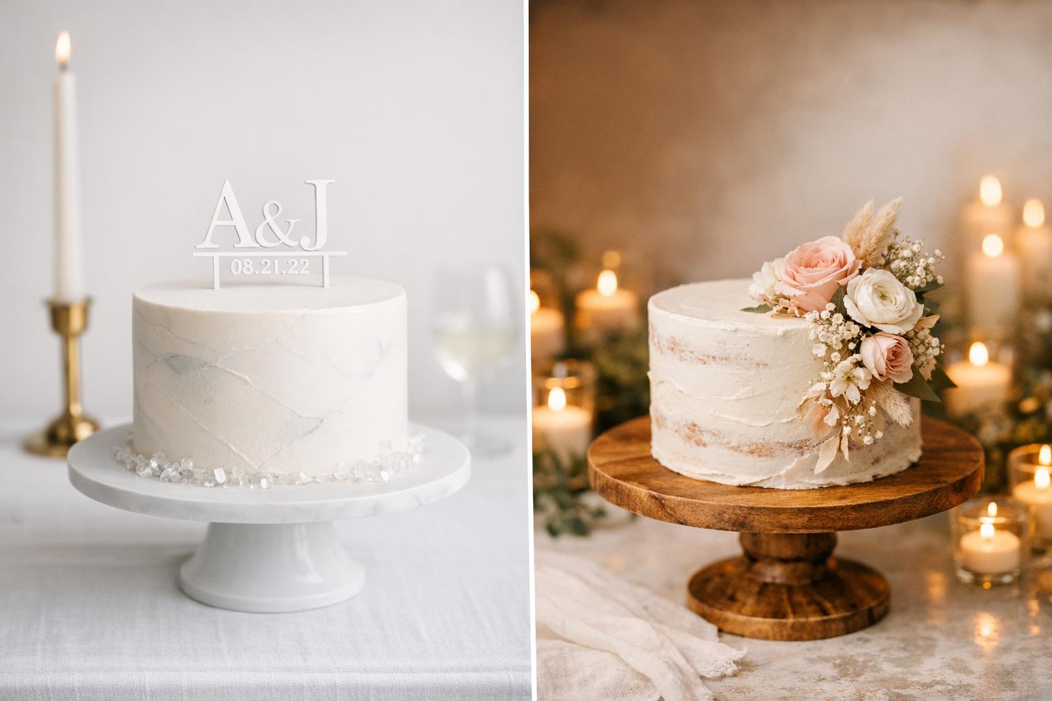Single layer wedding cake with smooth buttercream and soft floral accents on a minimalist cake stand