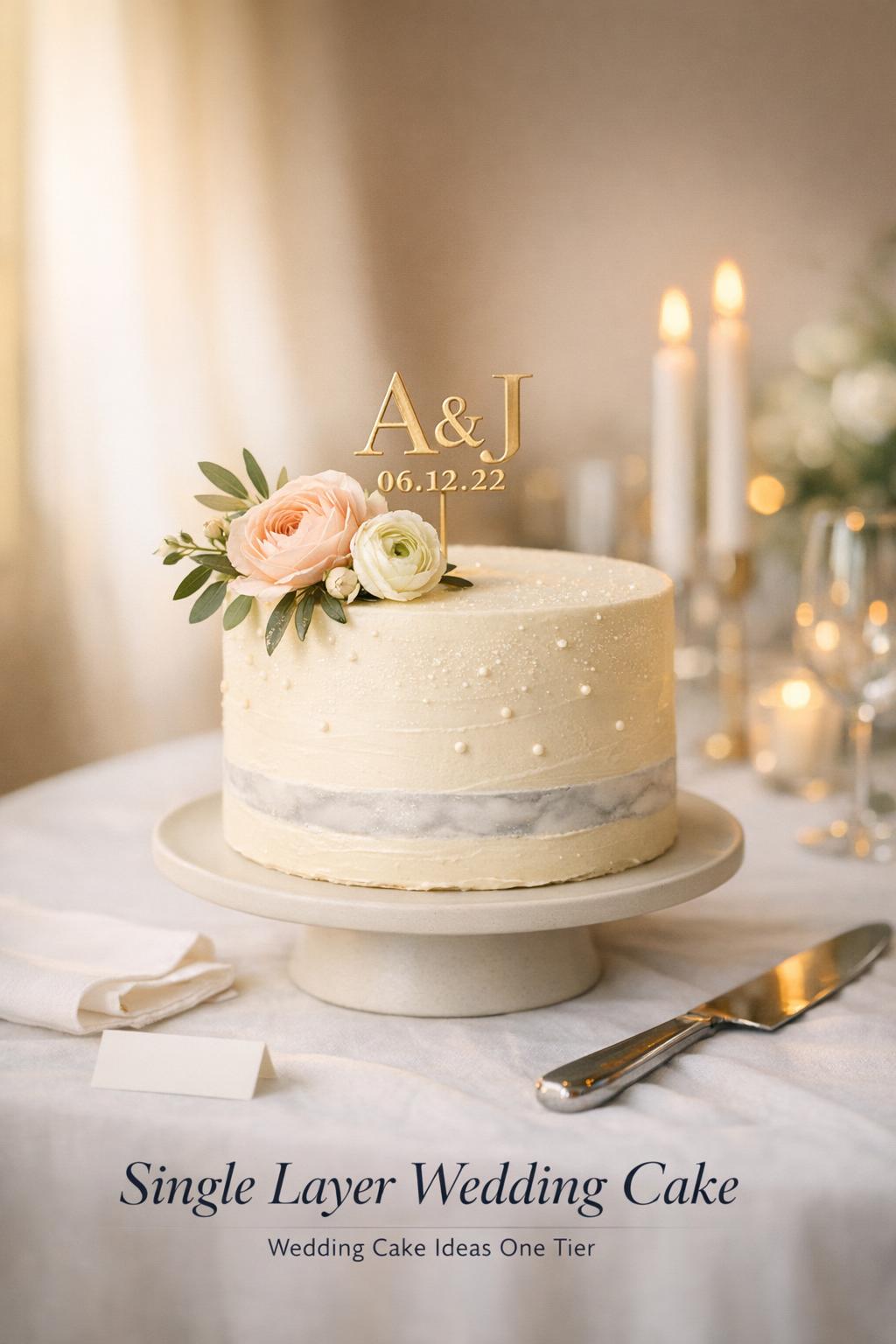 Single layer wedding cake on ceramic stand with ivory buttercream, gold monogram topper, and blush blooms in warm light