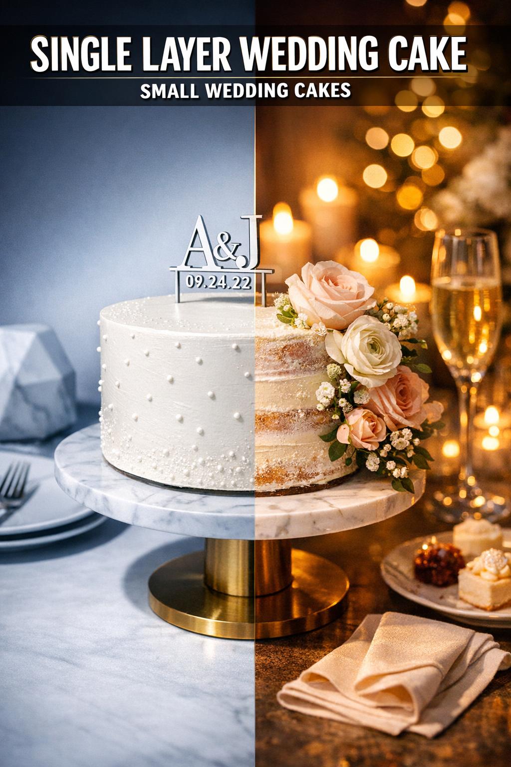 Single layer wedding cake with elegant white frosting on a minimalist cake stand