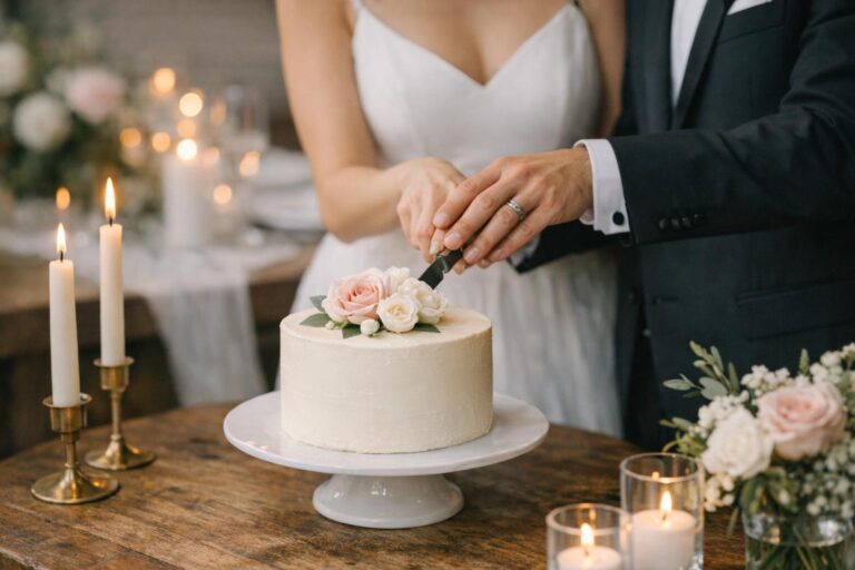 Single tier wedding cake with smooth buttercream and a simple love topper on a styled reception table