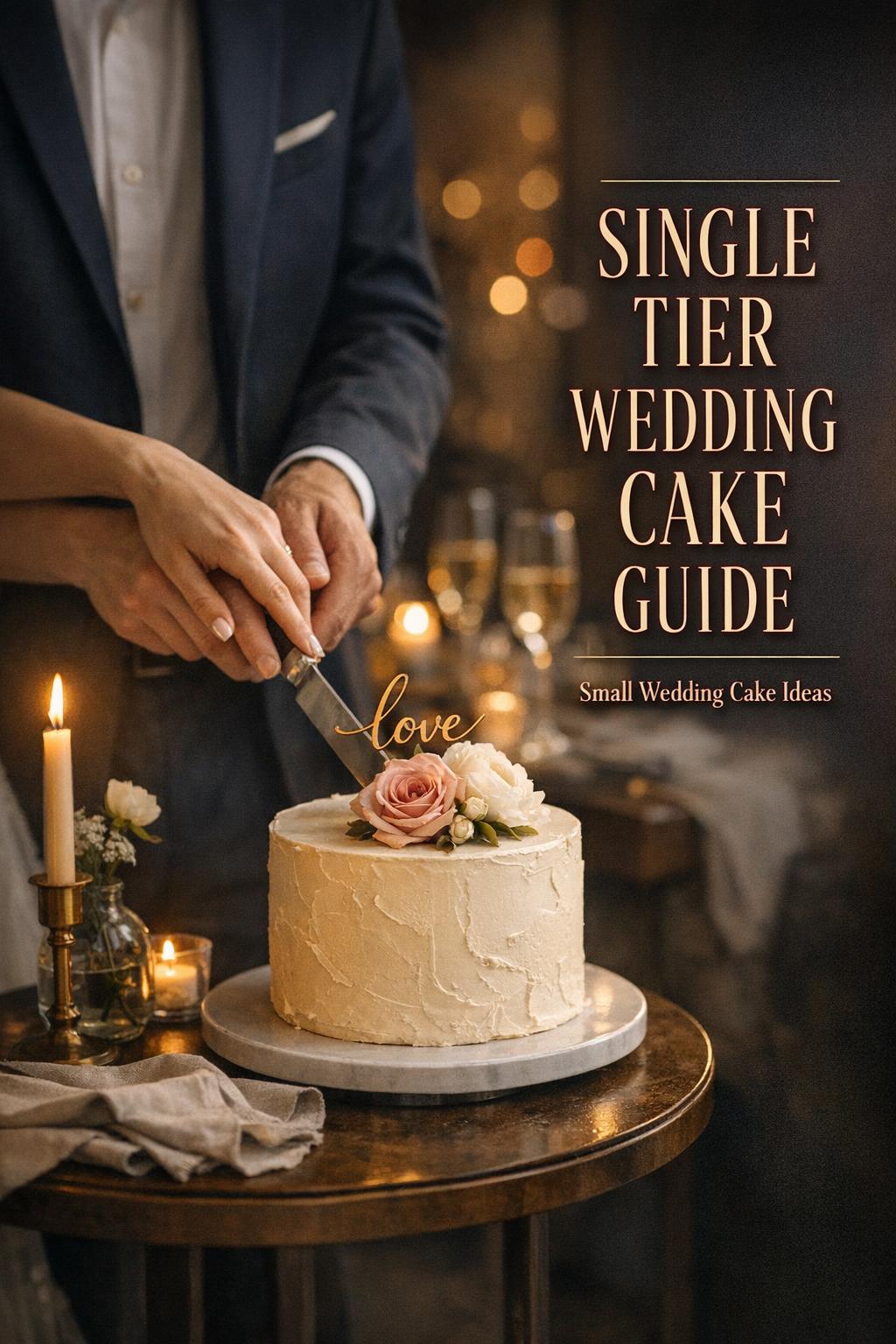 Single tier wedding cake cutting on a small table with candles and blush florals at a chic city reception