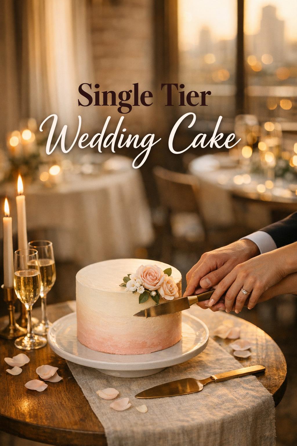 Single tier wedding cake being cut by couple’s hands in golden-hour city bistro reception with candles and champagne