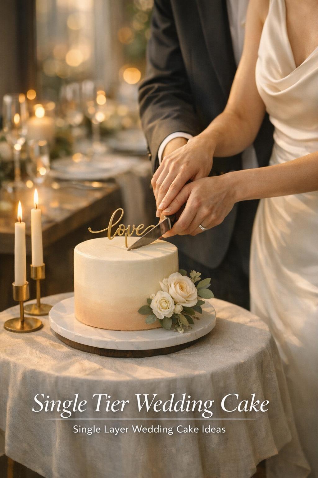Single tier wedding cake being cut by couple at golden hour reception, ivory ombre frosting, candles and minimal florals