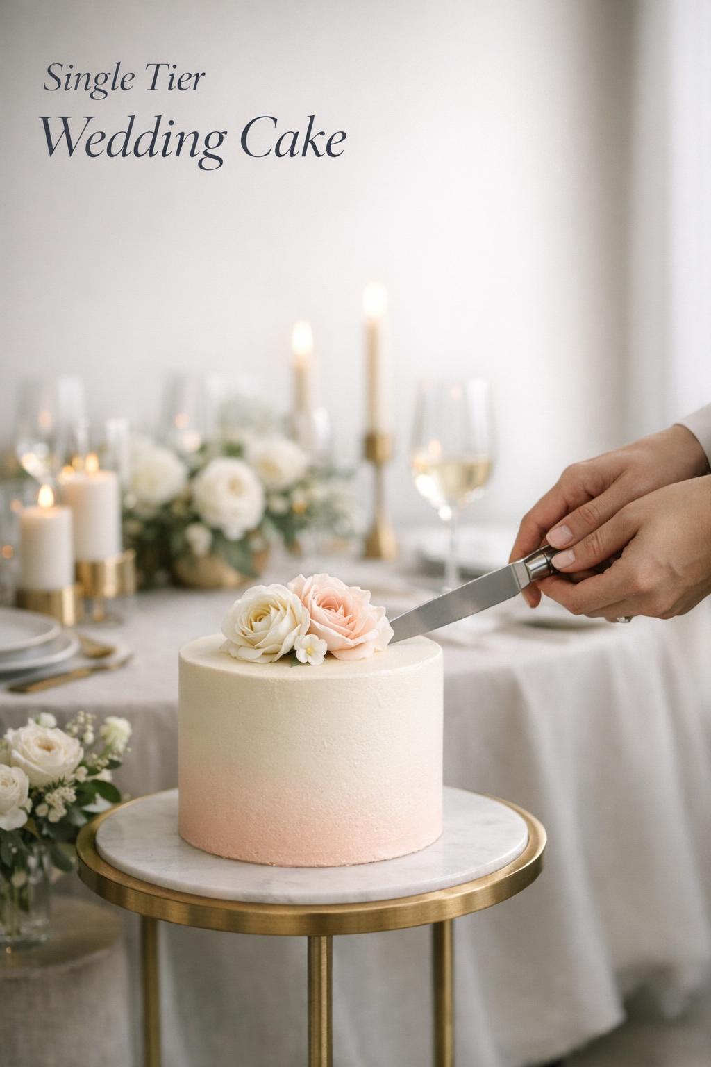 Single tier wedding cake on a small round side table, ivory buttercream with blush ombré and hands cutting it