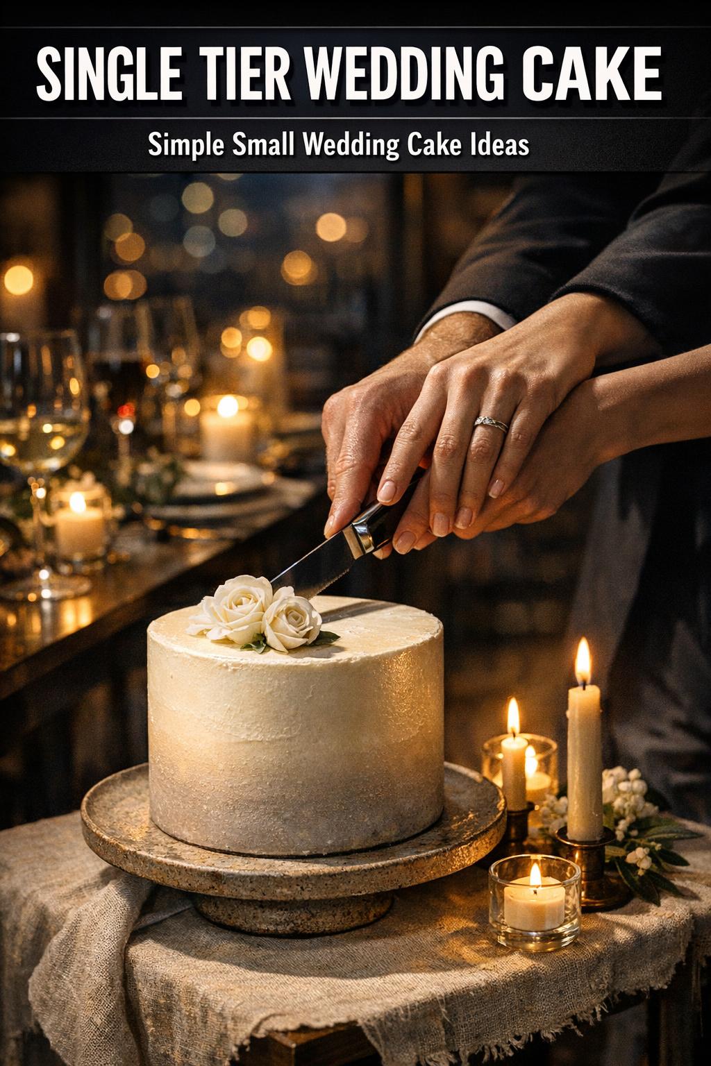 Single tier wedding cake with elegant white frosting and floral decoration on a reception table