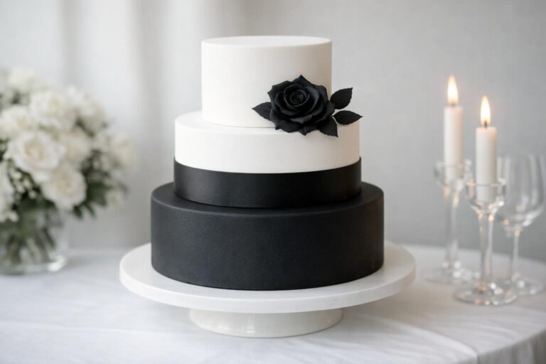 Elegant black and white wedding cake with sleek tiers and romantic floral accents, styled for a black-tie reception