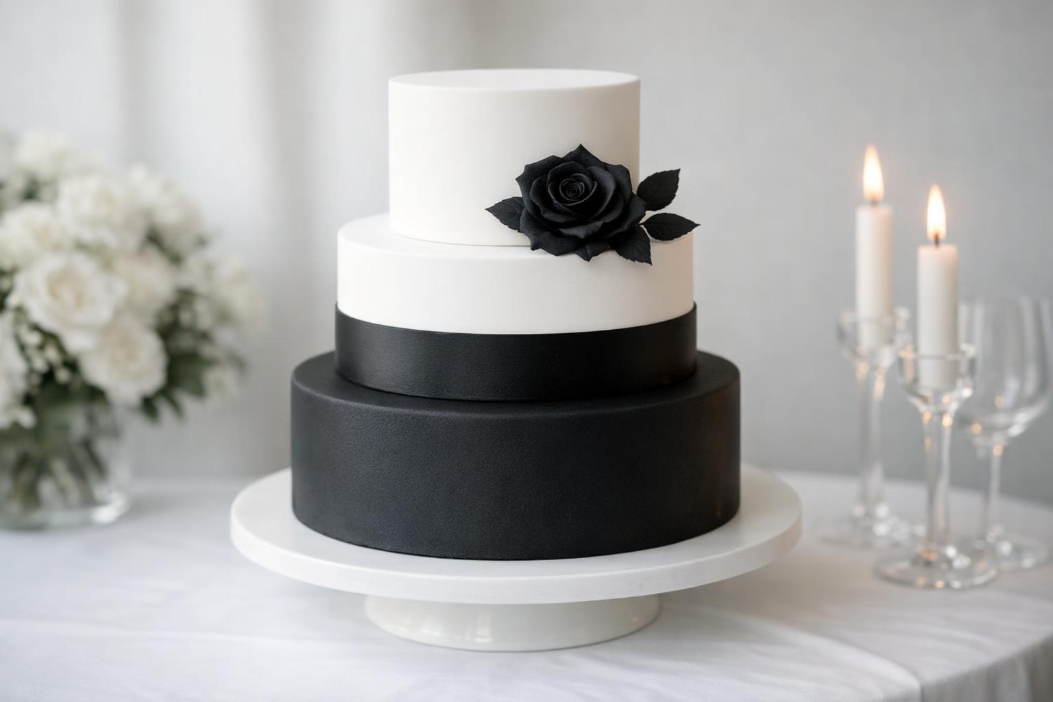 Elegant black and white wedding cake with sleek tiers and romantic floral accents, styled for a black-tie reception