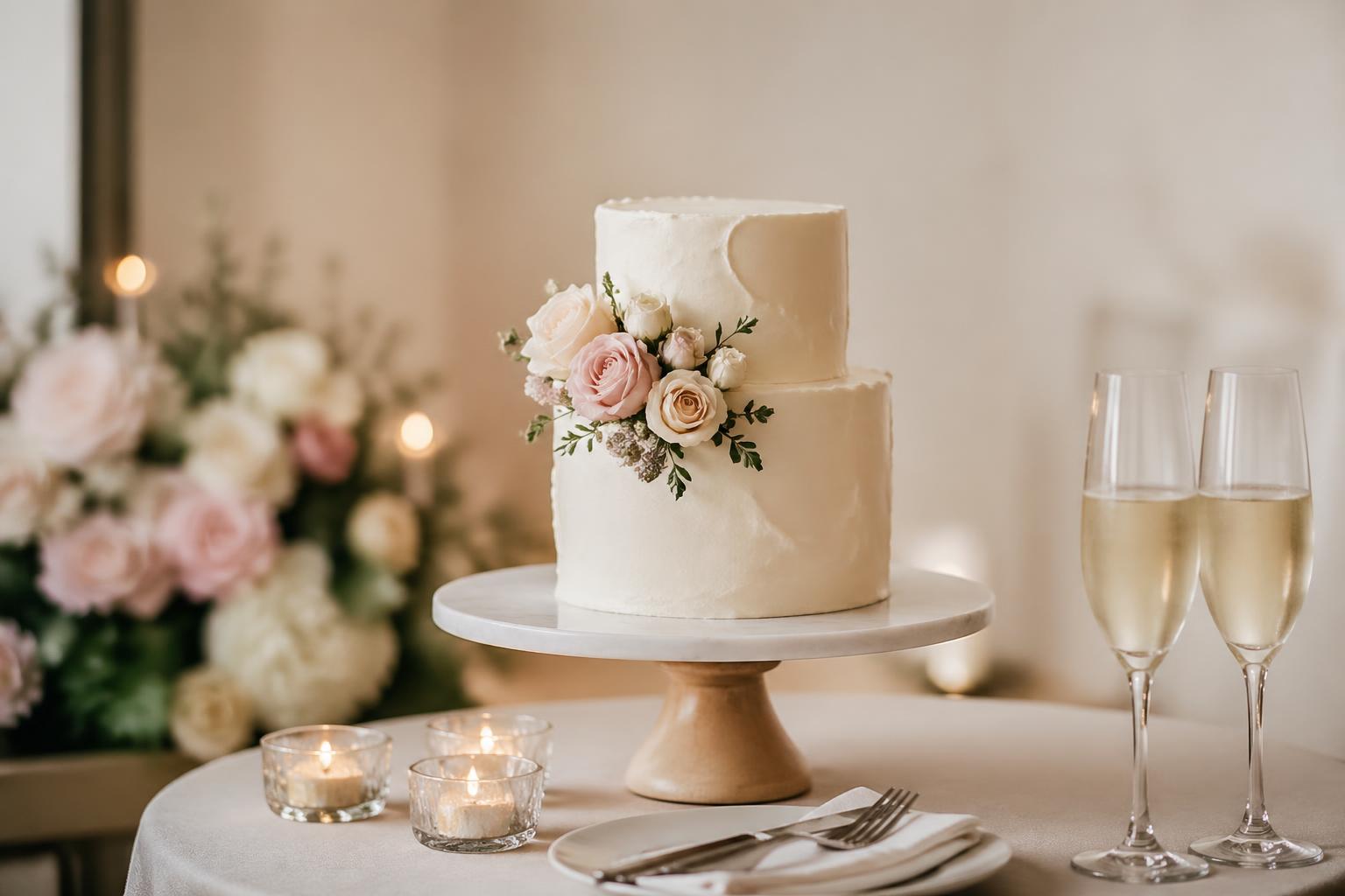 Small wedding cake on a vintage stand with smooth buttercream and delicate florals, styled for an intimate reception