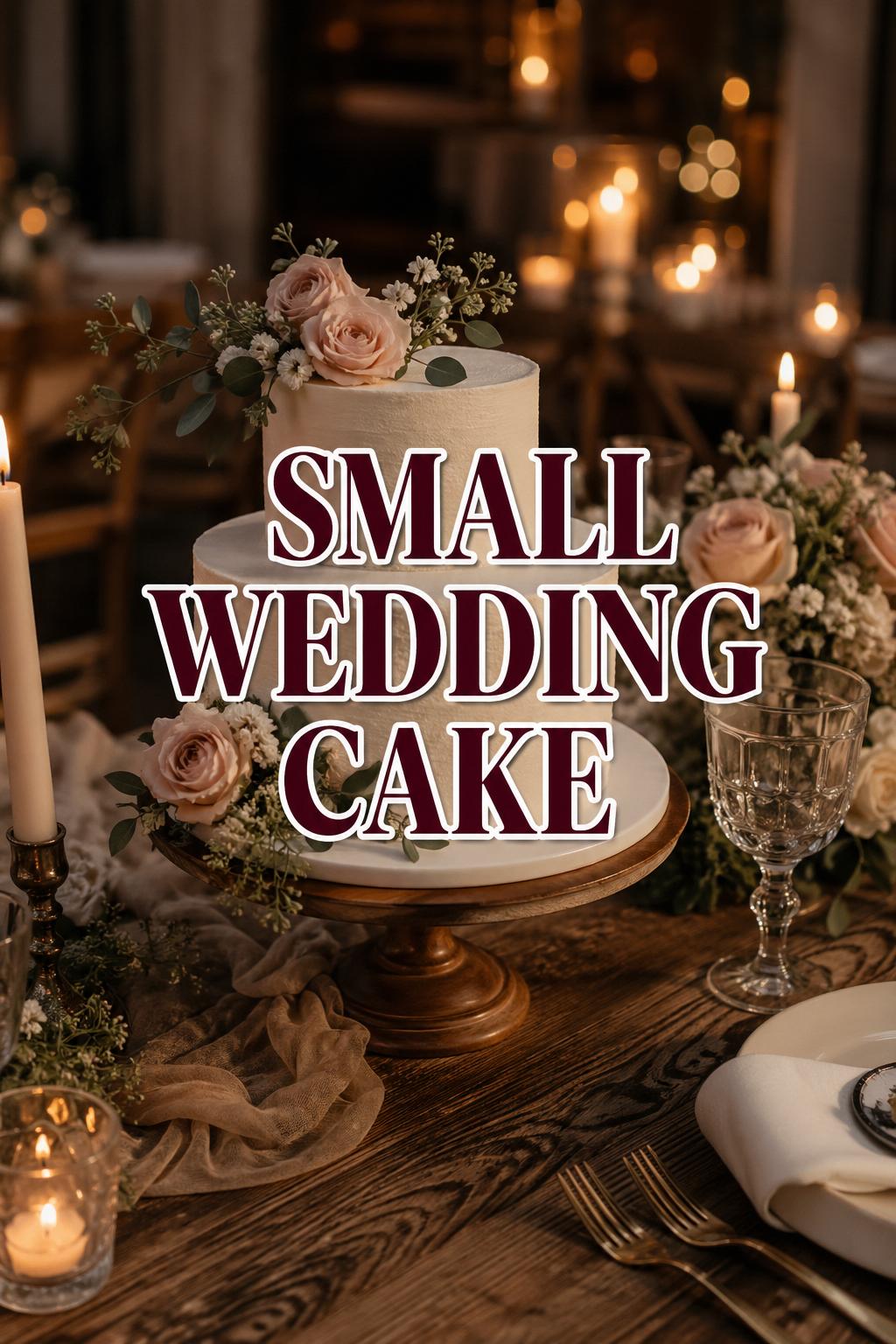 Small wedding cake on an elegant candlelit table at golden hour with soft florals, warm bokeh, and romantic reception styling