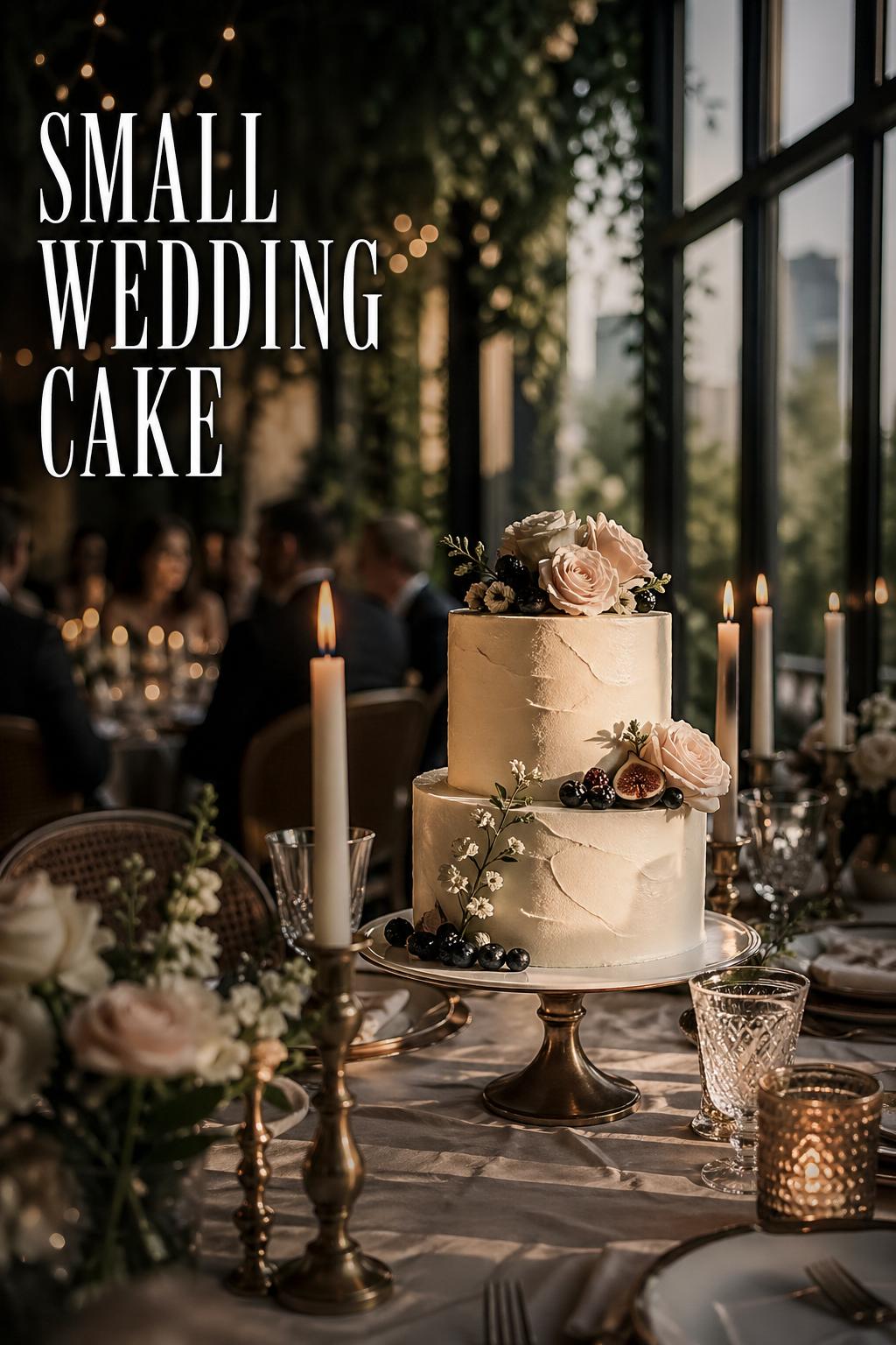 Small wedding cake on a candlelit reception table with ivory buttercream, sugar florals, and moody editorial lighting
