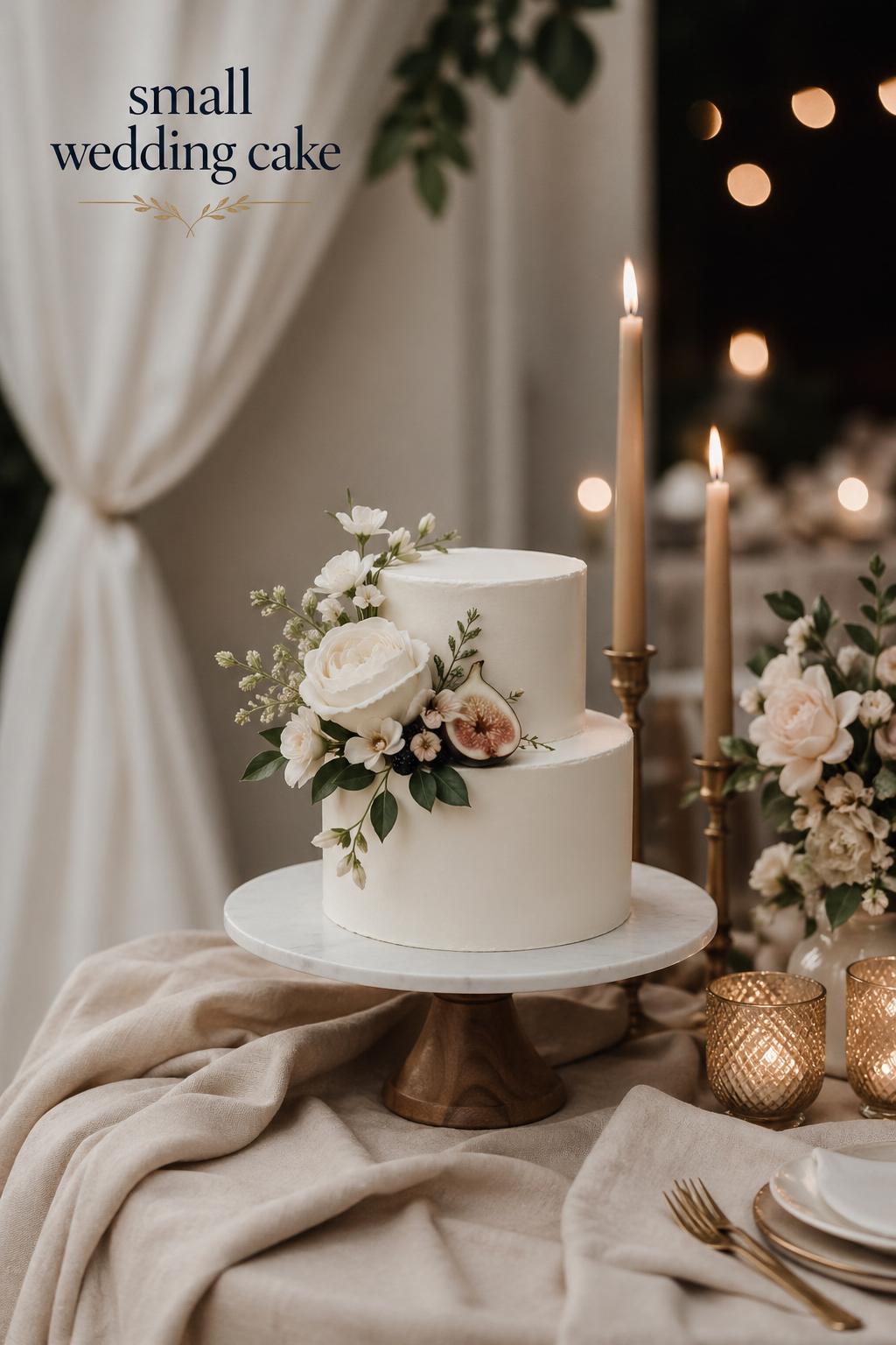 Small wedding cake on an elegant stand with sugar florals, figs, and taper candles in a minimalist candlelit reception