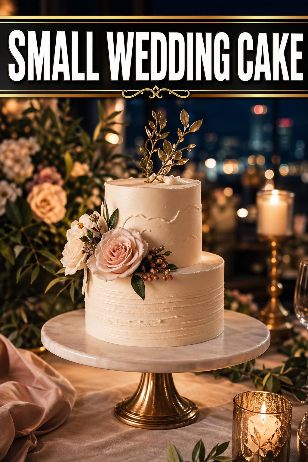 Small wedding cake elegantly decorated with white frosting and fresh flowers on a rustic table