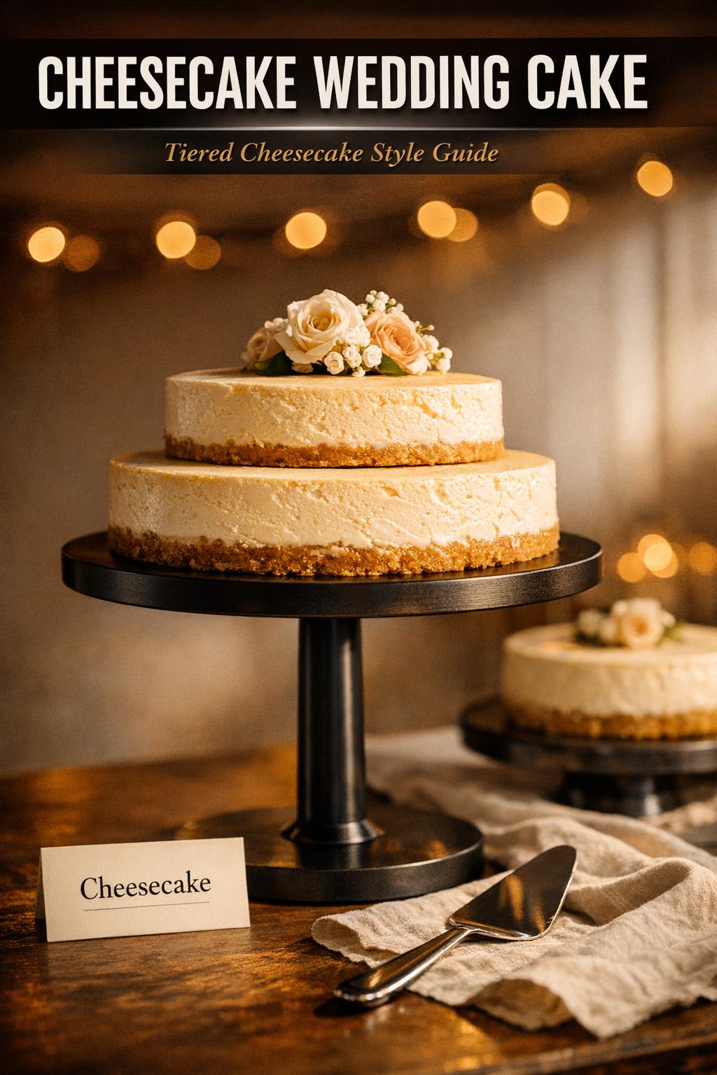 Three-tier cheesecake wedding cake with white frosting and floral decoration on a dessert table