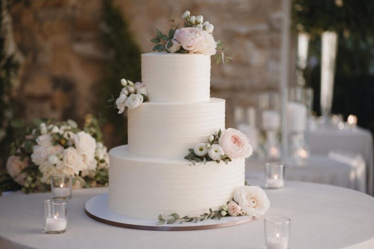 Classic 3 tier wedding cake with smooth white buttercream and soft blush florals on an elegant reception cake table