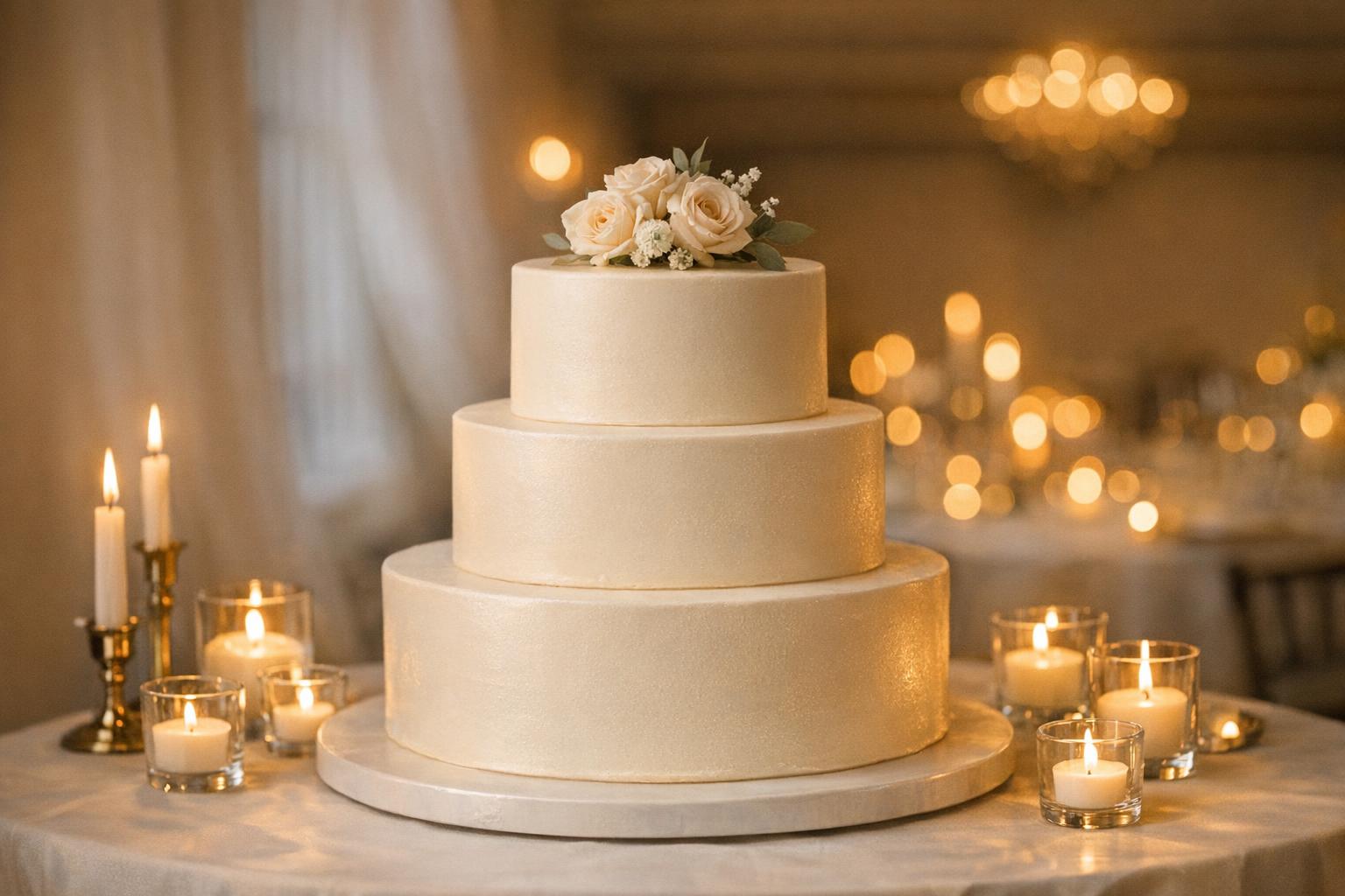 Timeless wedding cake with classic tiers glowing in candlelight at an elegant reception table