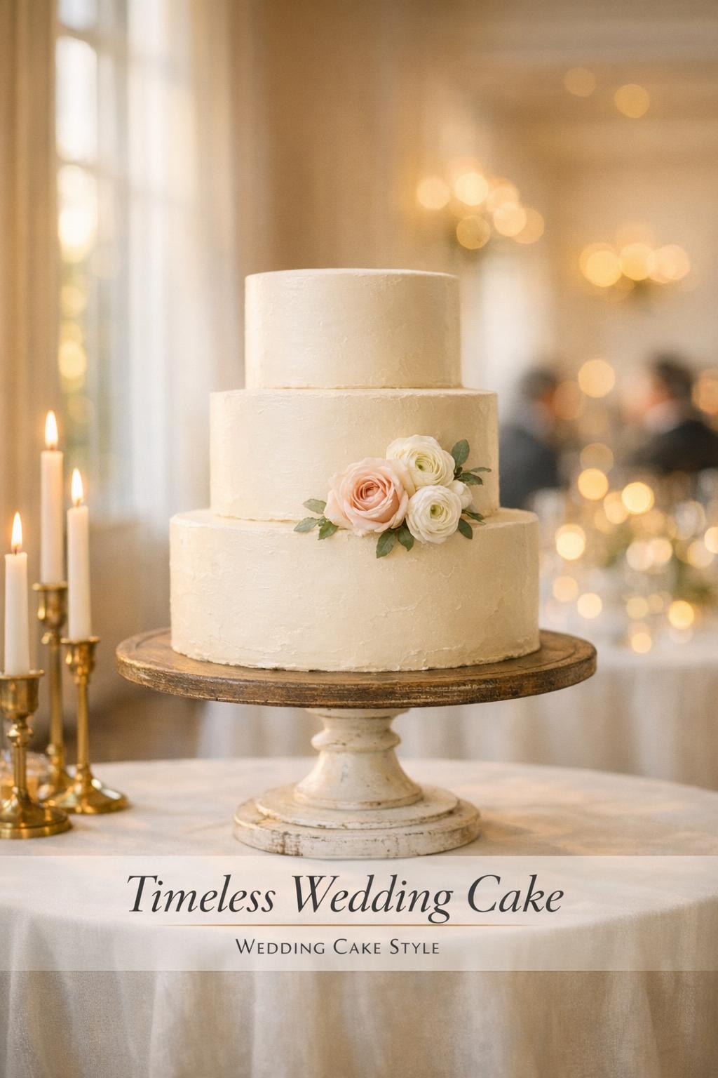 Timeless wedding cake on vintage pedestal table with candlelight and soft golden-hour window glow at an intimate reception