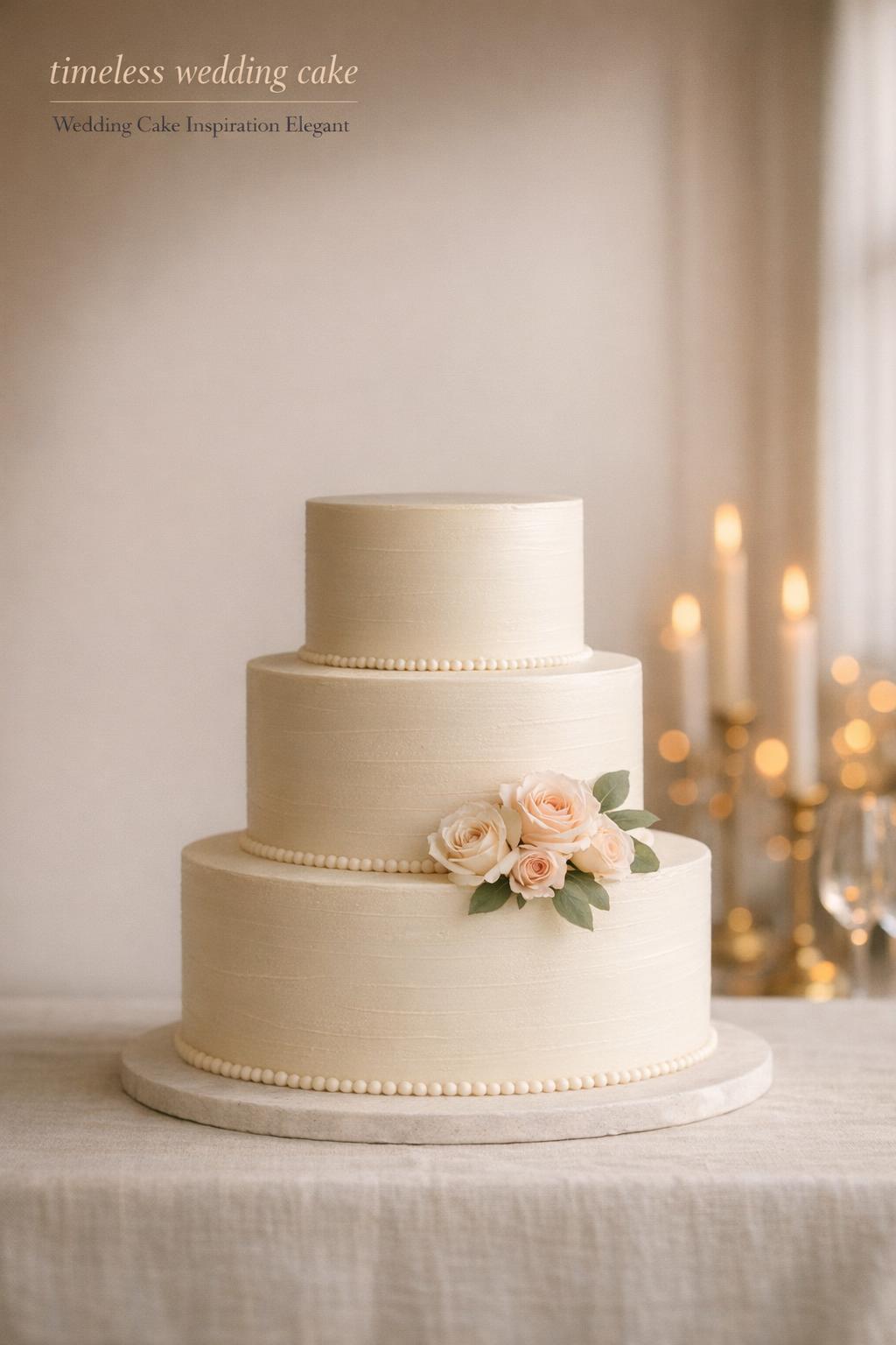 Timeless wedding cake with ivory buttercream tiers and blush garden roses in soft window light, minimalist editorial setting