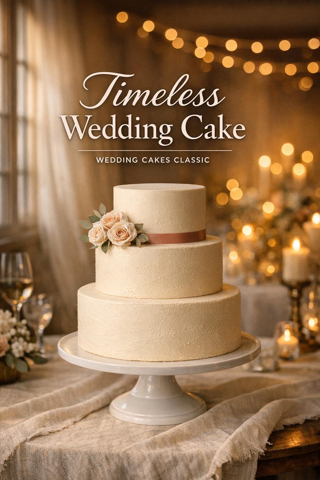 Timeless wedding cake on a pedestal with ivory buttercream, roses, and warm candlelit reception bokeh in golden-hour light