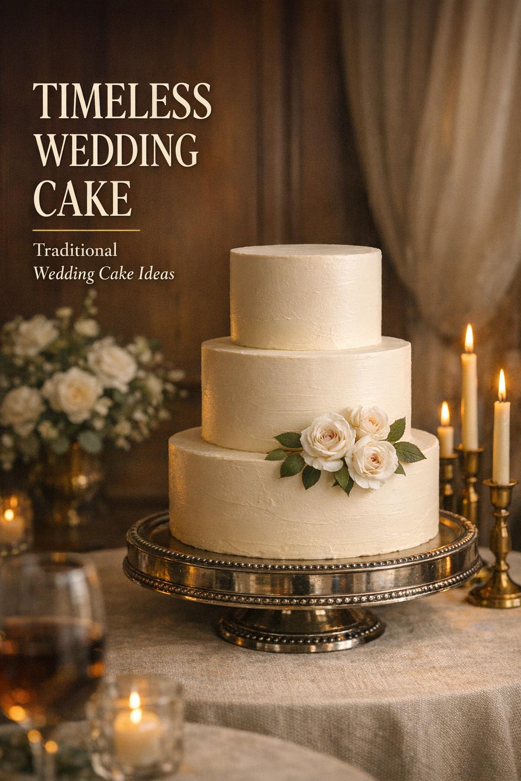 Timeless wedding cake on vintage silver stand with white roses, candlelit reception table and warm window light