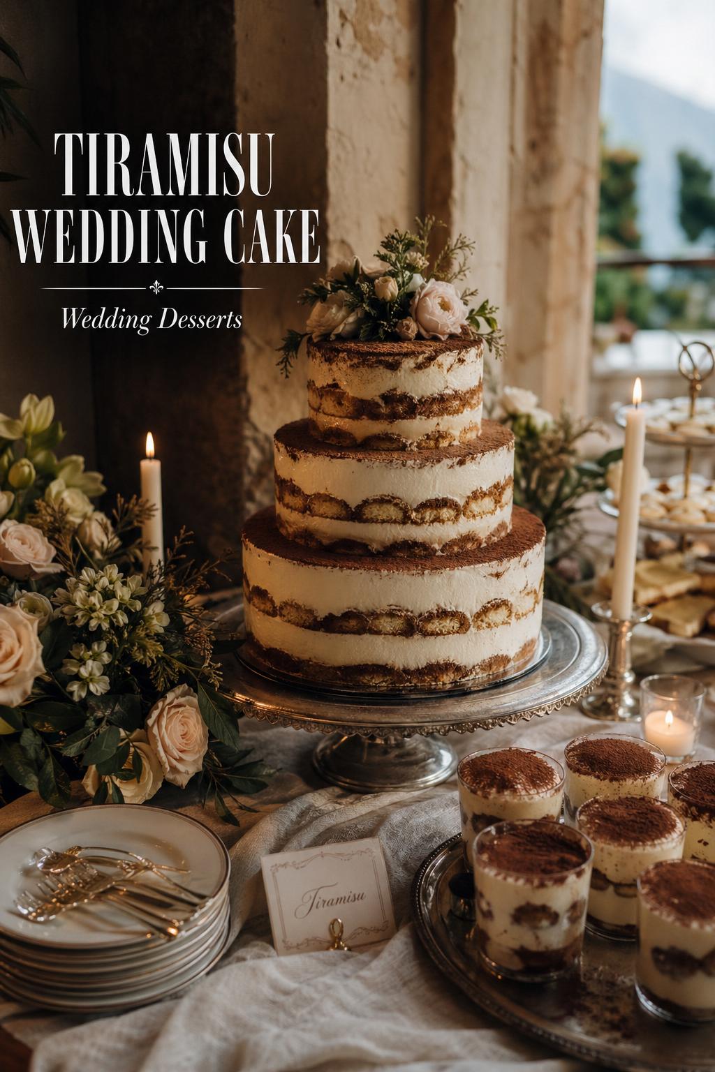 Tiramisu wedding cake on a romantic Italian-inspired dessert table with candles and elegant wedding desserts