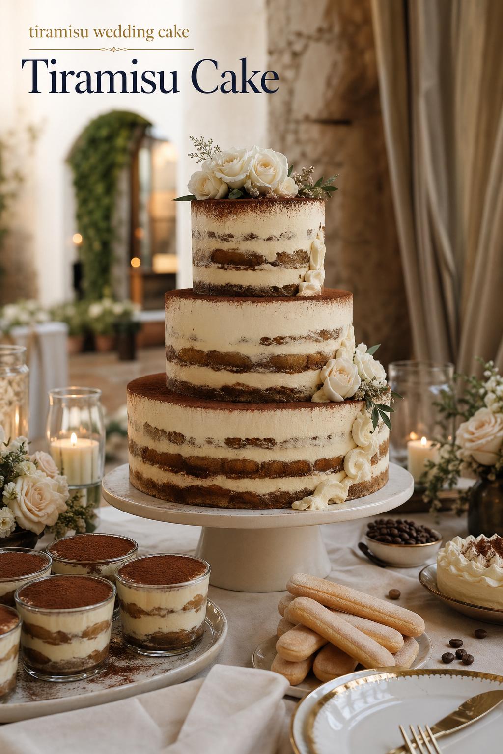 Elegant tiramisu wedding cake with cocoa dusting and mascarpone layers on a refined Italian reception table