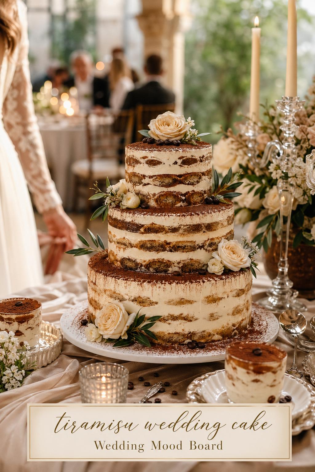Tiramisu wedding cake on an elegant dessert table at a romantic Italian villa reception