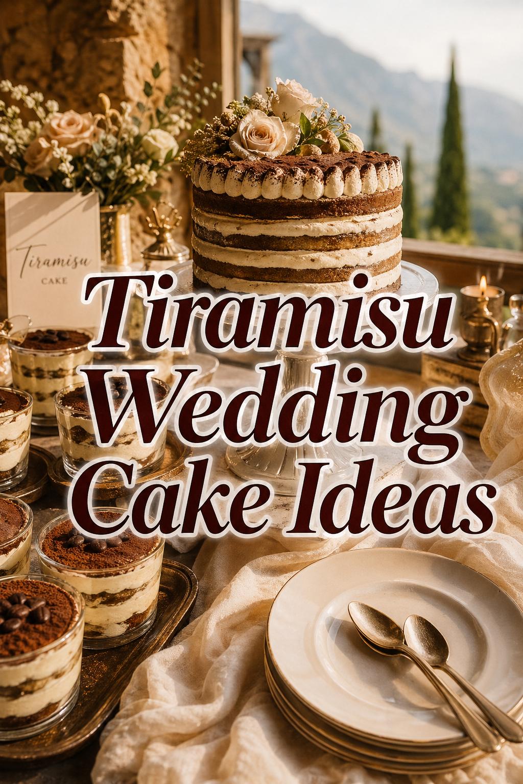 Tiramisu wedding cake on a romantic dessert table with golden-hour light, florals, candles, and elegant styling