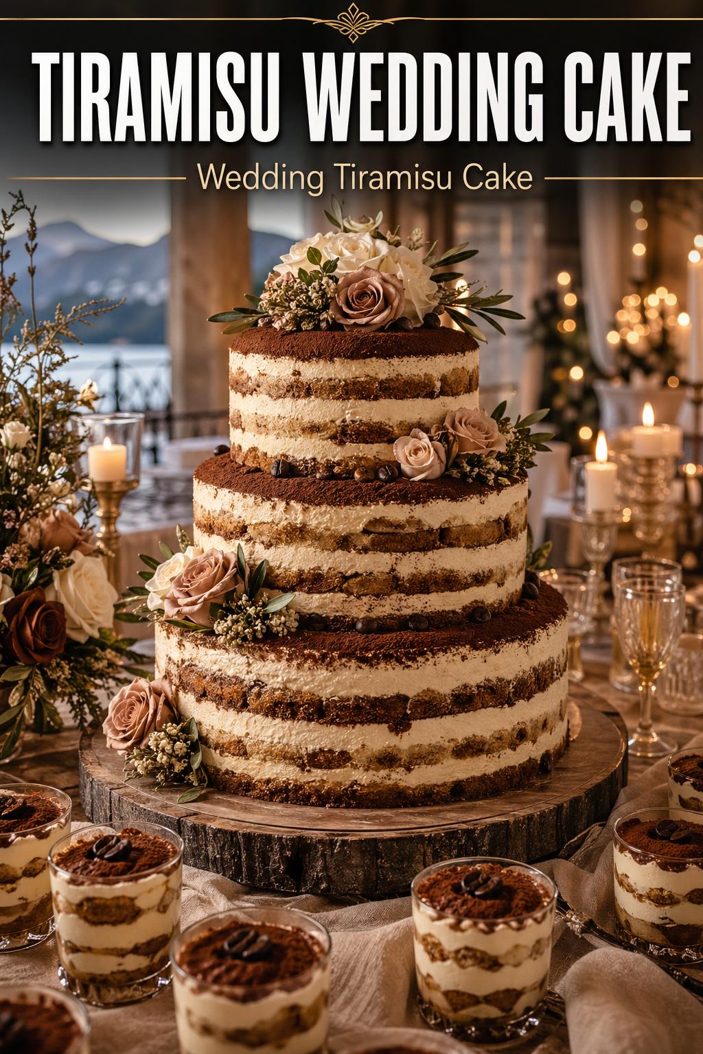 Elegant tiramisu wedding cake with layered mascarpone frosting and cocoa dusting on a reception table