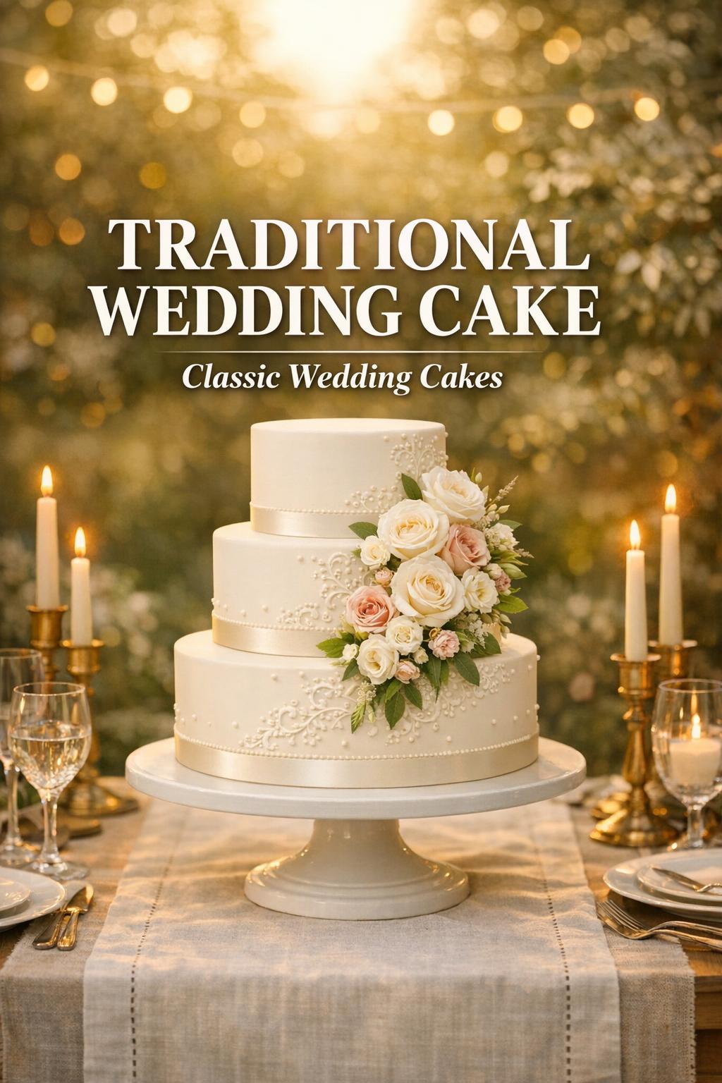 Traditional wedding cake on a pedestal with blush florals, candles, and linen runner in a warm golden-hour reception scene