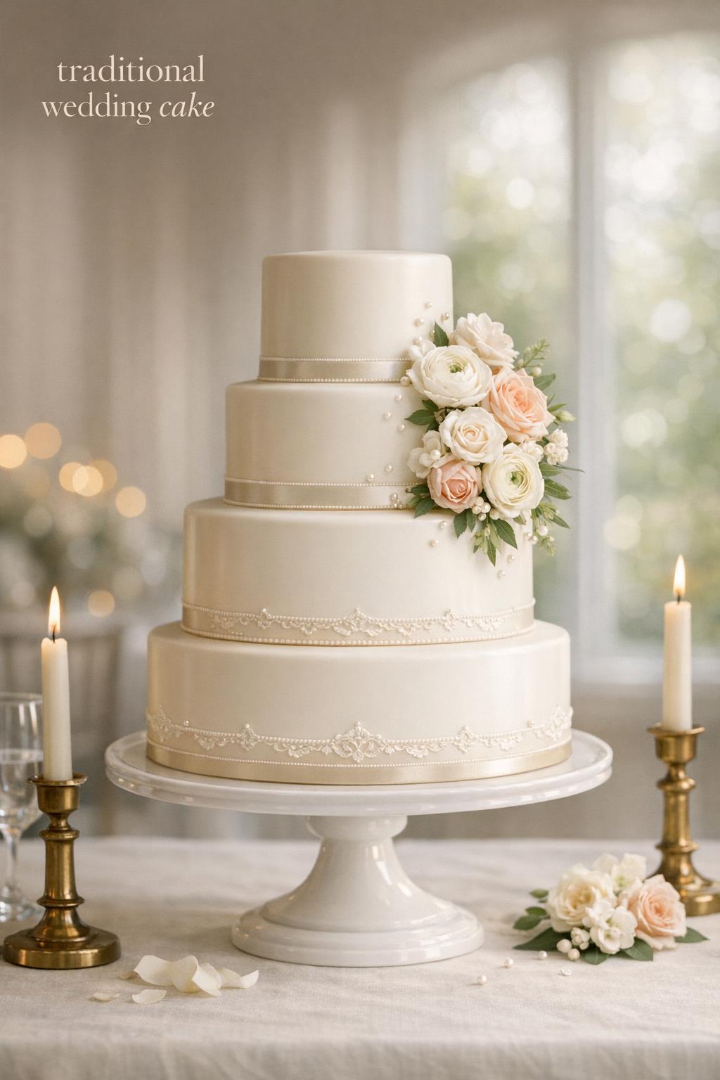 Traditional wedding cake on pedestal with ivory fondant tiers, satin ribbons, blush roses, and taper candles in soft daylight.