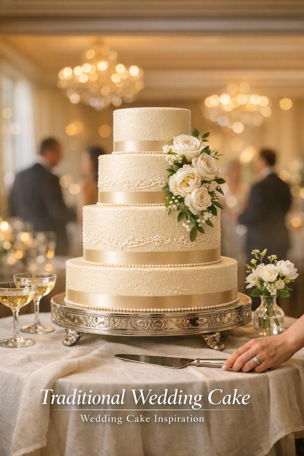 Traditional wedding cake on an elegant pedestal table at a softly lit wedding reception with champagne coupes and floral accents
