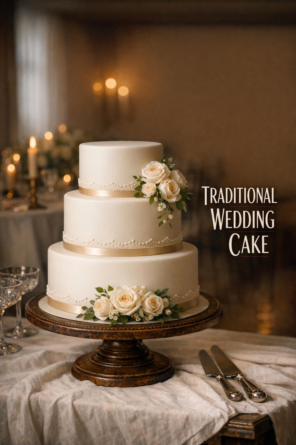 Traditional wedding cake on antique pedestal with ivory tiers, lace piping, pearls, roses, and candlelit ballroom glow