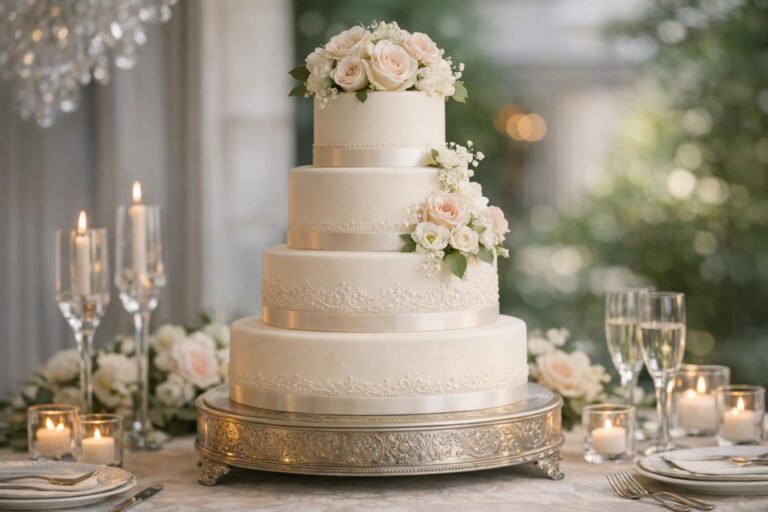 Traditional wedding cake with white fondant tiers, floral accents, and ribbon on an elegant cake table