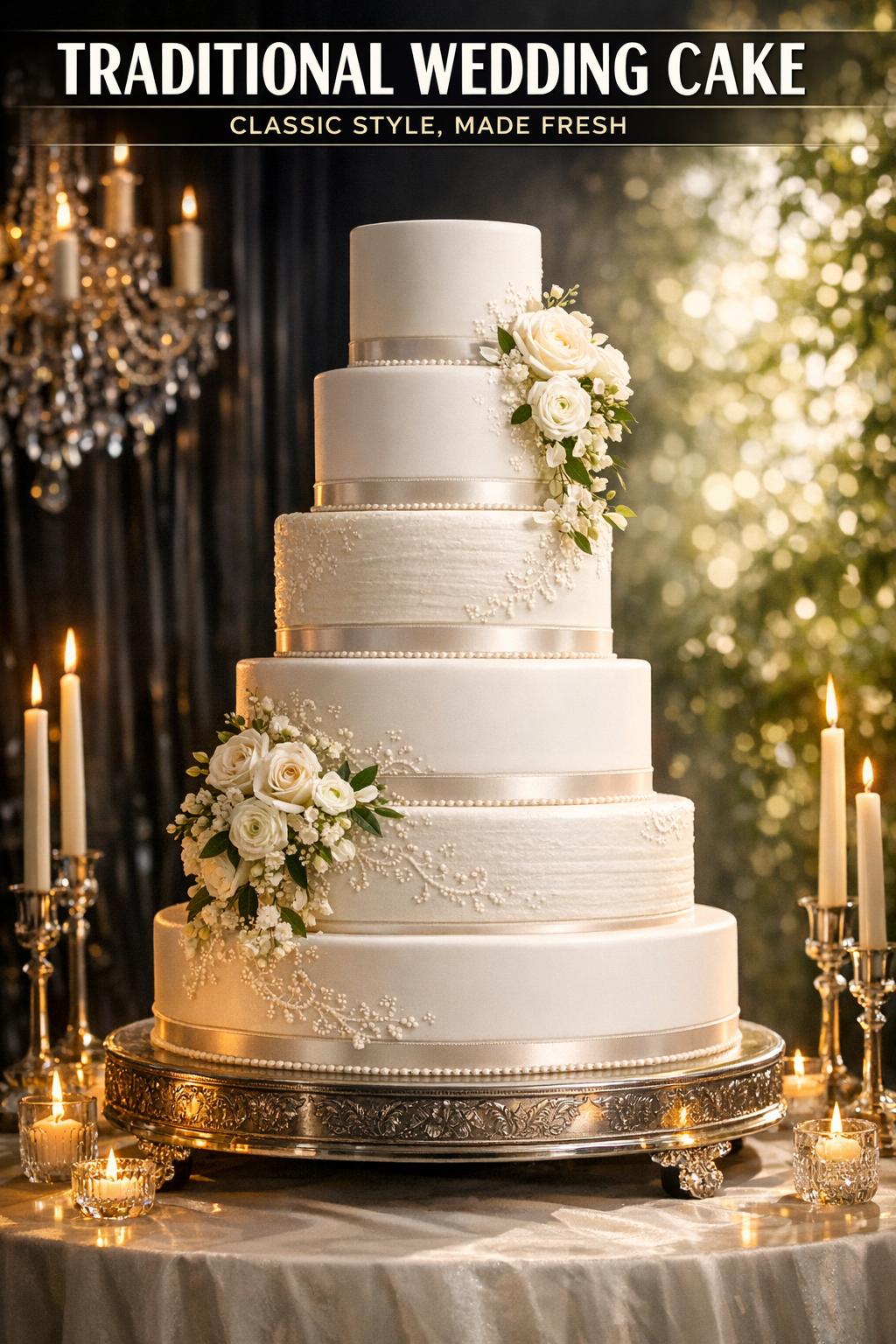 Traditional wedding cake with elegant white frosting and floral details on a decorated reception table