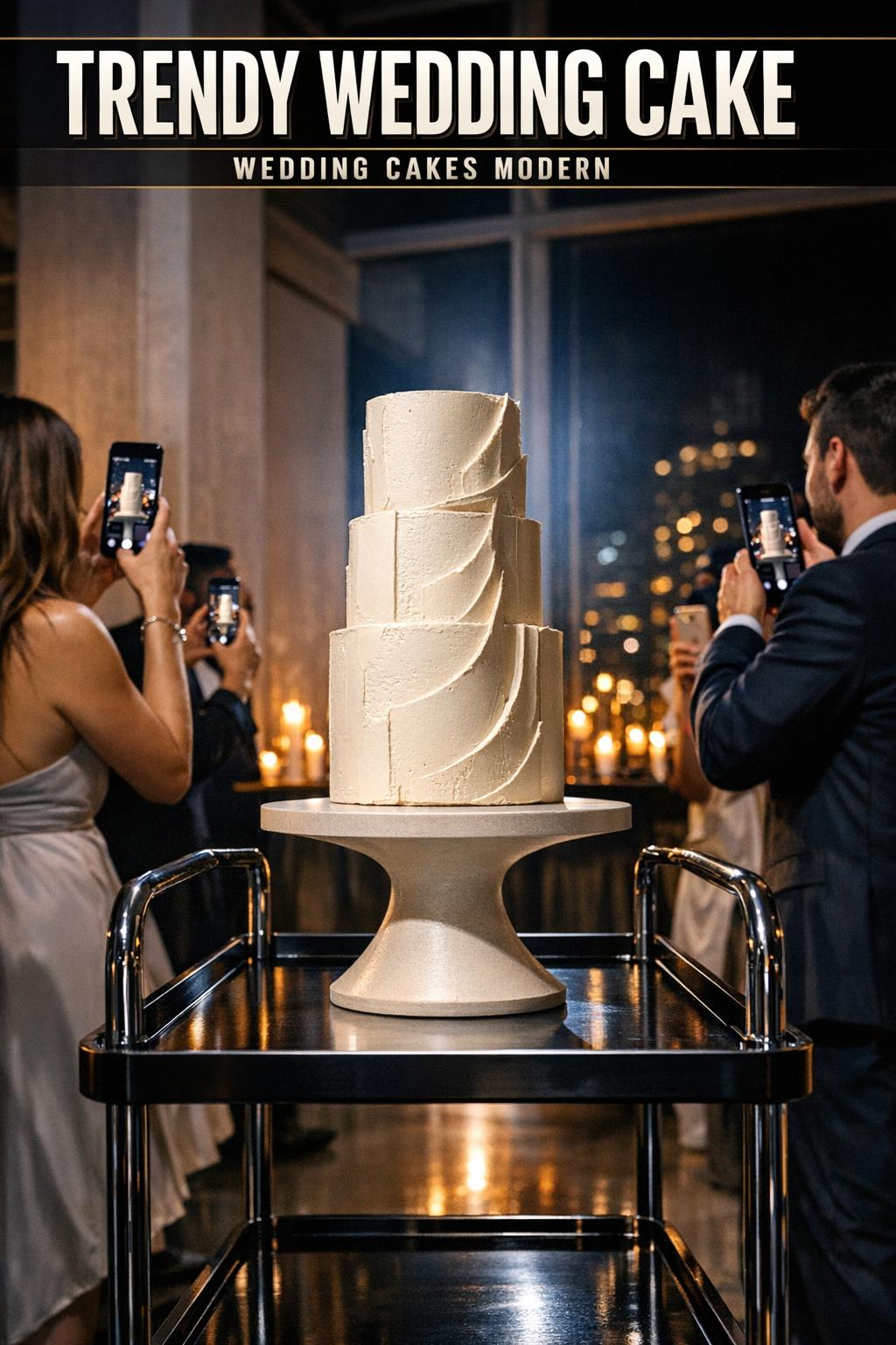 Trendy wedding cake on an elegant dessert table with soft floral decor