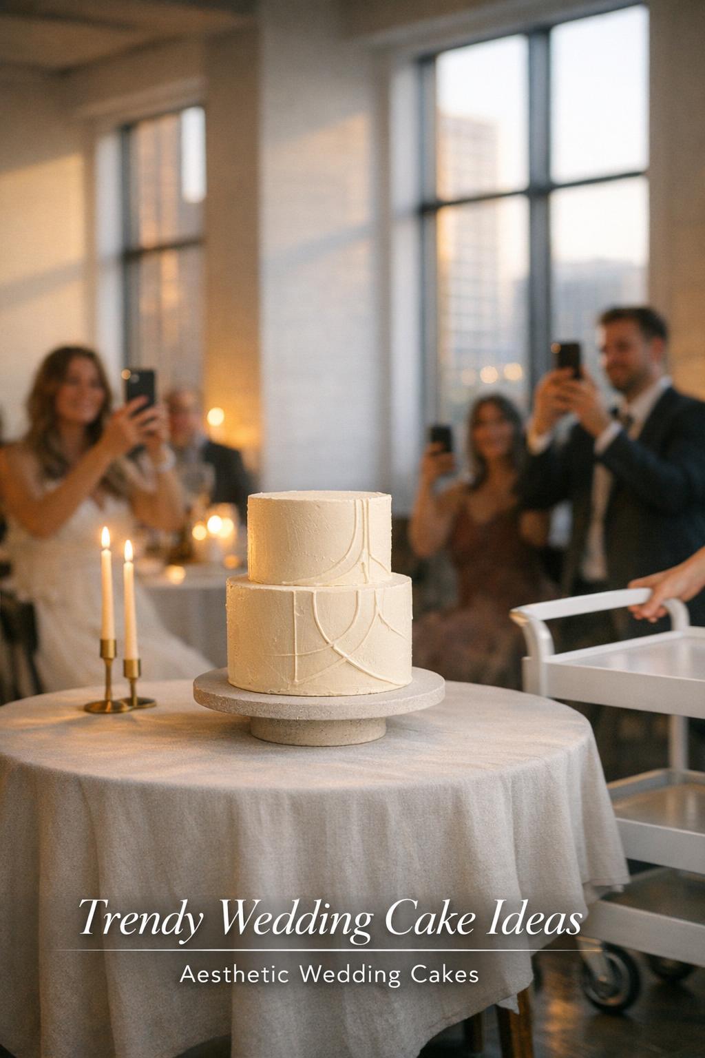 Trendy wedding cake on a minimalist cake table in a candlelit city loft reception as guests film the cake moment