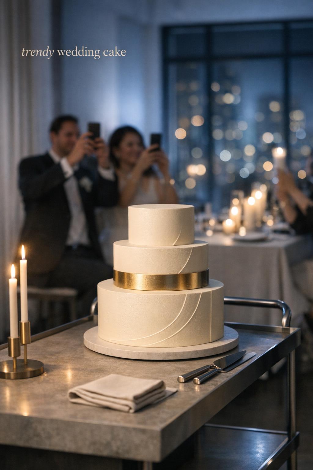 Trendy wedding cake without flowers on a sleek cart at a minimalist loft reception, candlelit table and guests filming behind