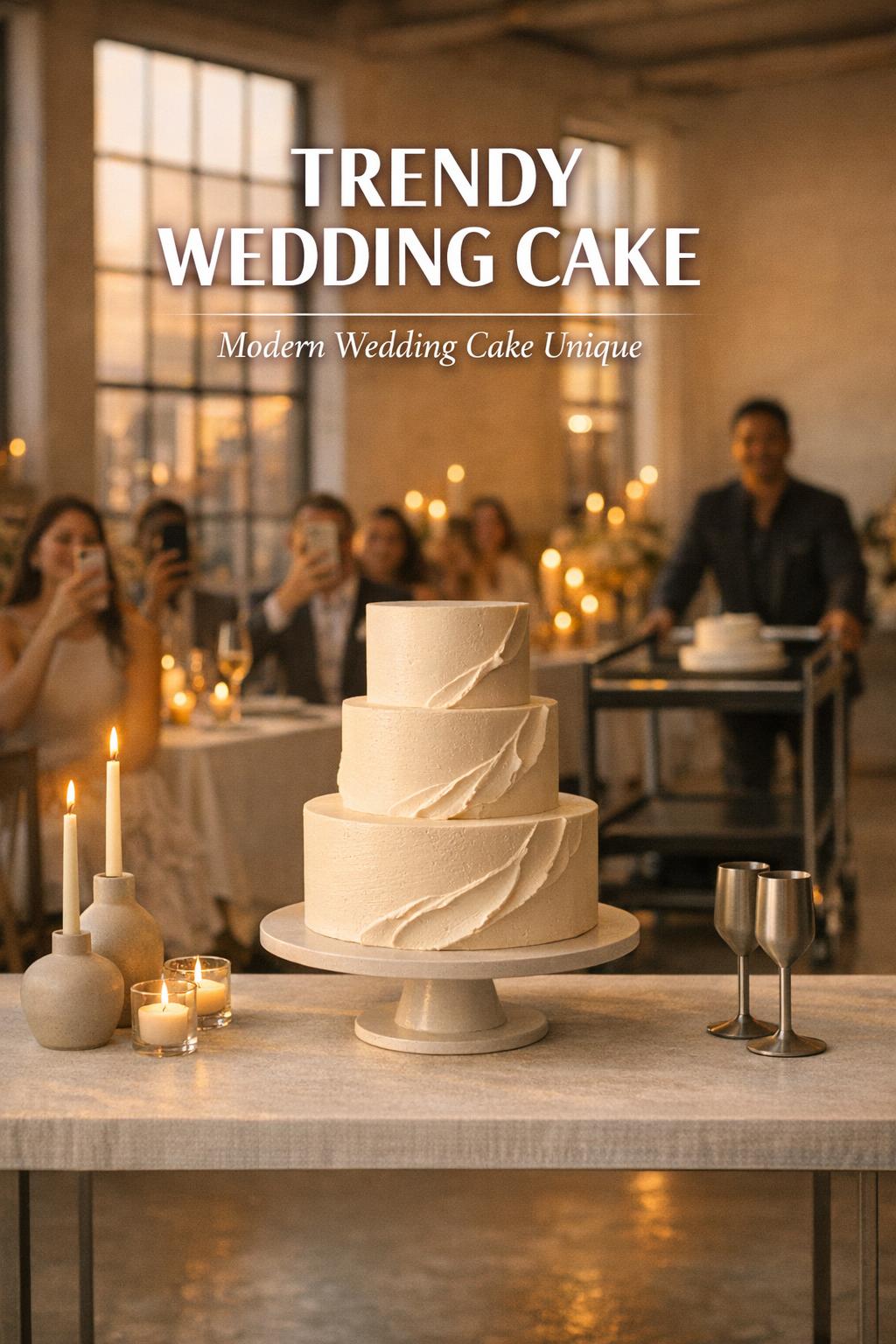 Trendy wedding cake on a minimalist table in a golden-hour city loft reception as guests film the cake moment