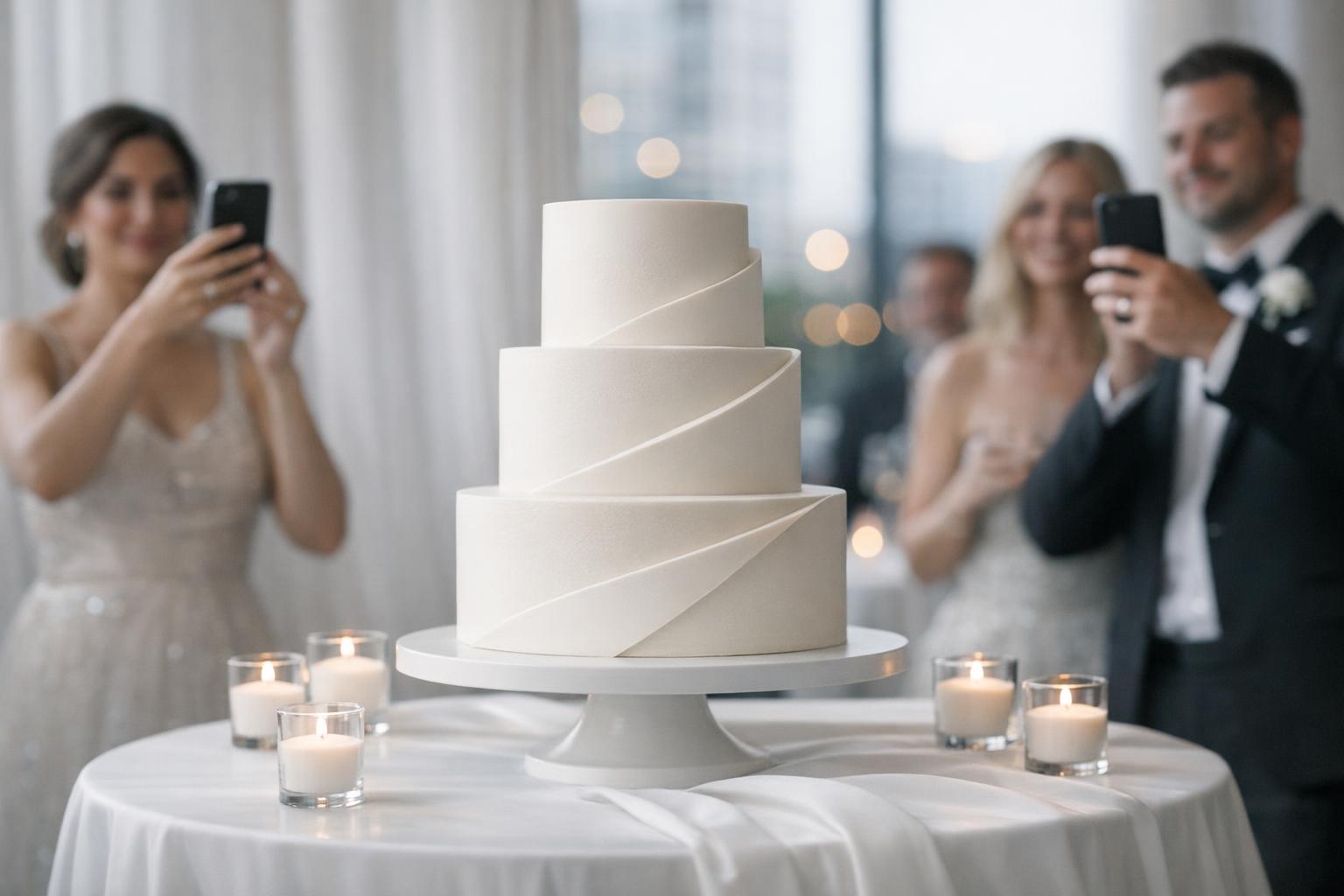 Trendy wedding cake with smooth ivory tiers and subtle sculptural texture on a minimalist stand in candlelit reception light