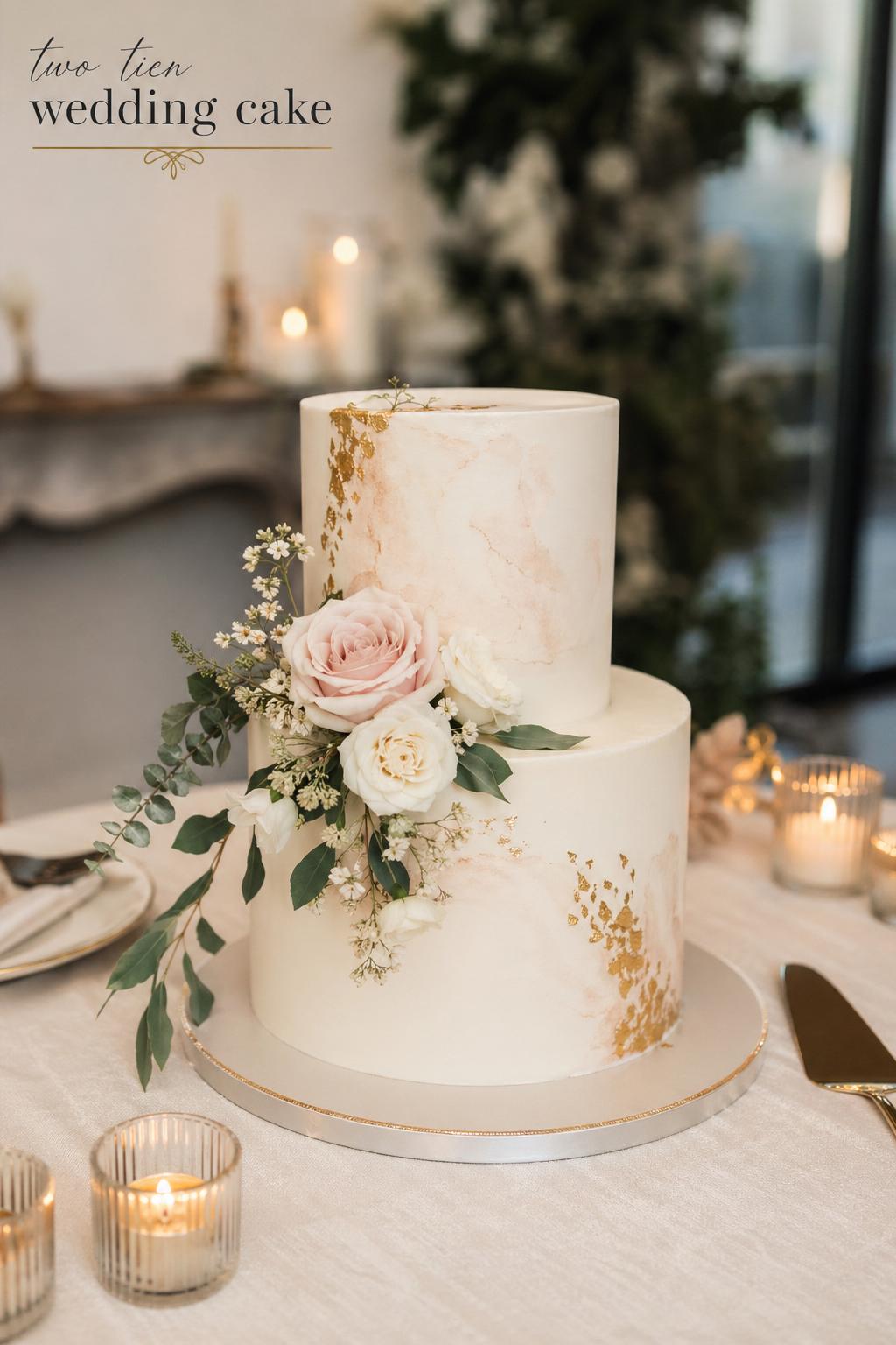 Two tier wedding cake with ivory frosting, gold accents, and delicate flowers on a refined table in soft candlelit light.