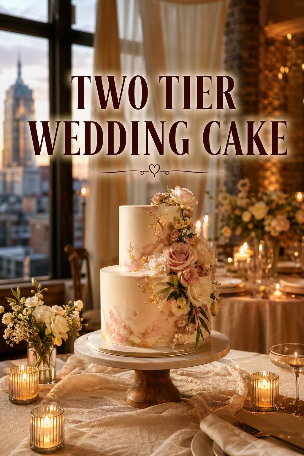 Two tier wedding cake centerpiece in a candlelit urban loft with golden-hour light and romantic neutral wedding decor