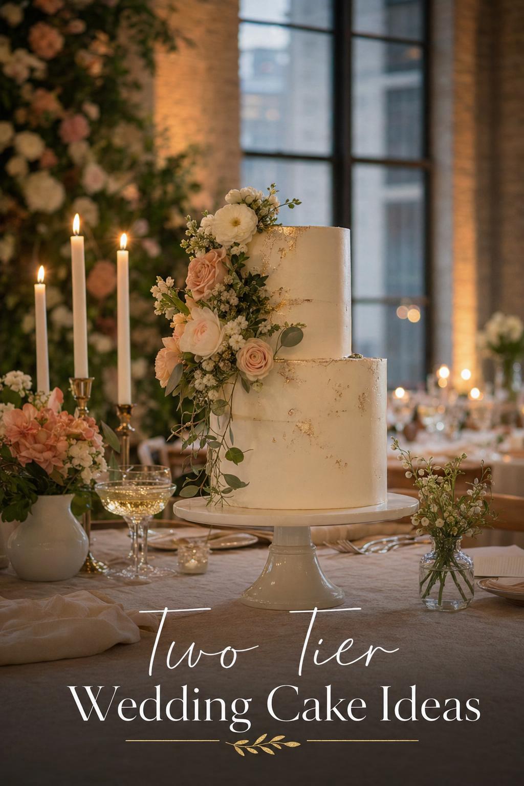 Two tier wedding cake on a pedestal in a candlelit loft reception with soft florals, champagne coupes, and window light