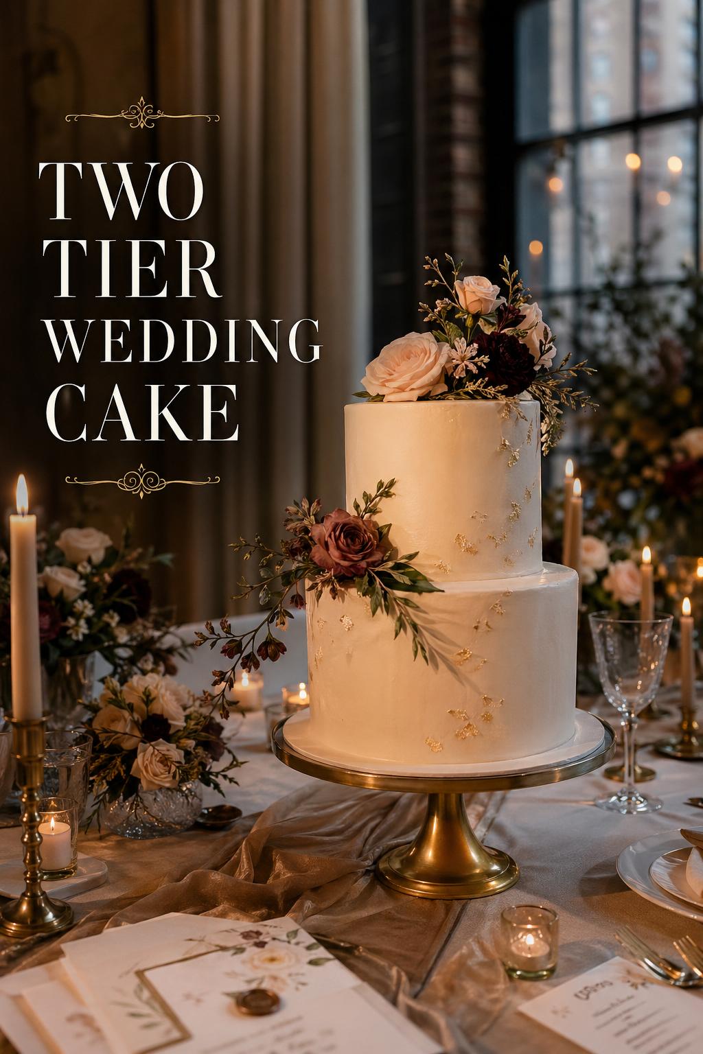 Two tier wedding cake on an elegant candlelit reception table with floral accents in a luxury editorial wedding scene