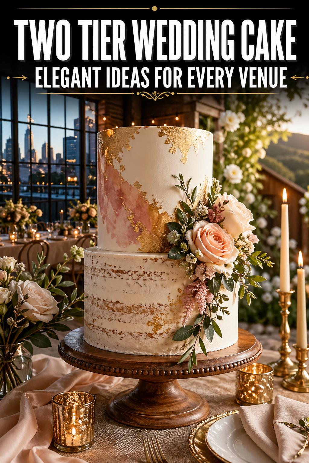 Two tier wedding cake with elegant white frosting and floral accents on a reception table