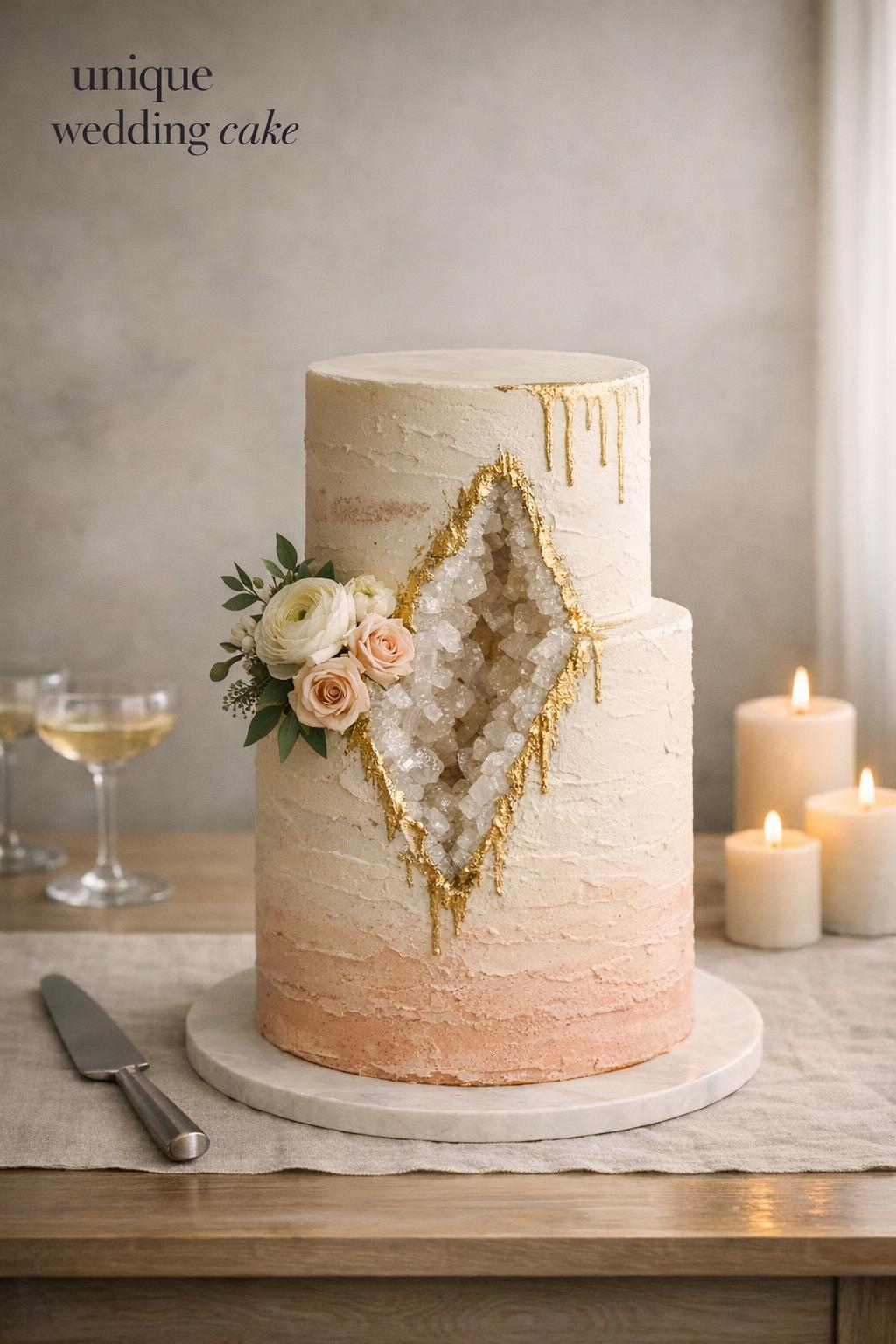 Unique wedding cake with blush ombré frosting, gold foil drip, and geode crystal slice on minimalist loft table
